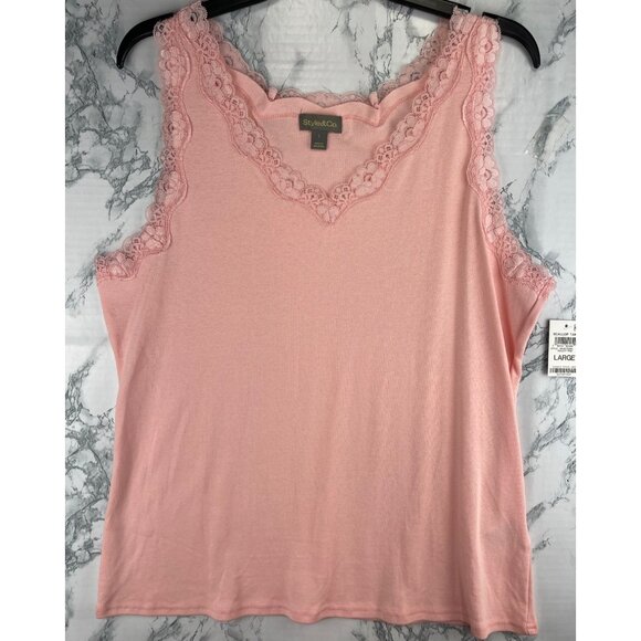 Style & Co. Womens Size Large Scallop Tank Large Peachy Pink Cotton Lace Trim - Picture 1 of 9